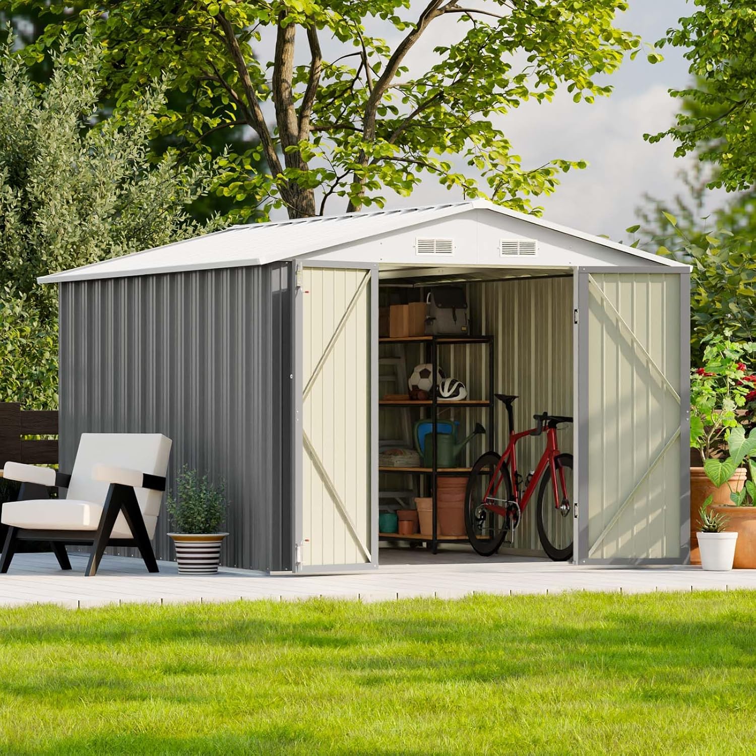 Keter Factor 8x10ft Outdoor Resin Storage Shed with Pitched Roof and Double Locking Doors, Outdoor Shed for Backyard Garden Patio Lawn, 3 Colors