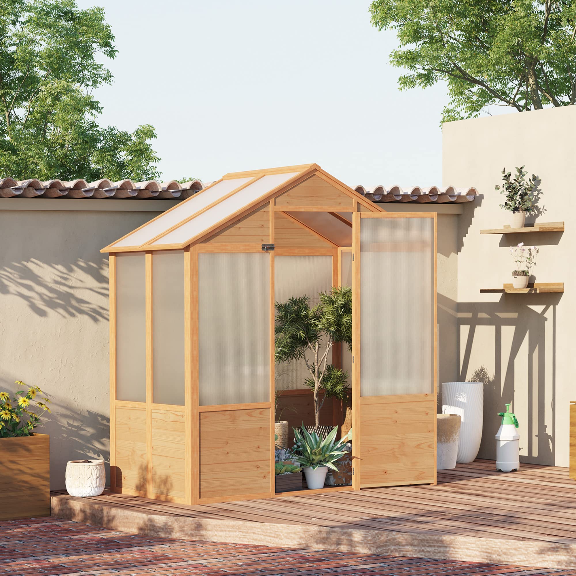 【Home&Garden】6' x 4' x 7' Polycarbonate Greenhouse, Walk-in Hot House Kit, Hobby Greenhouse with Lockable Door