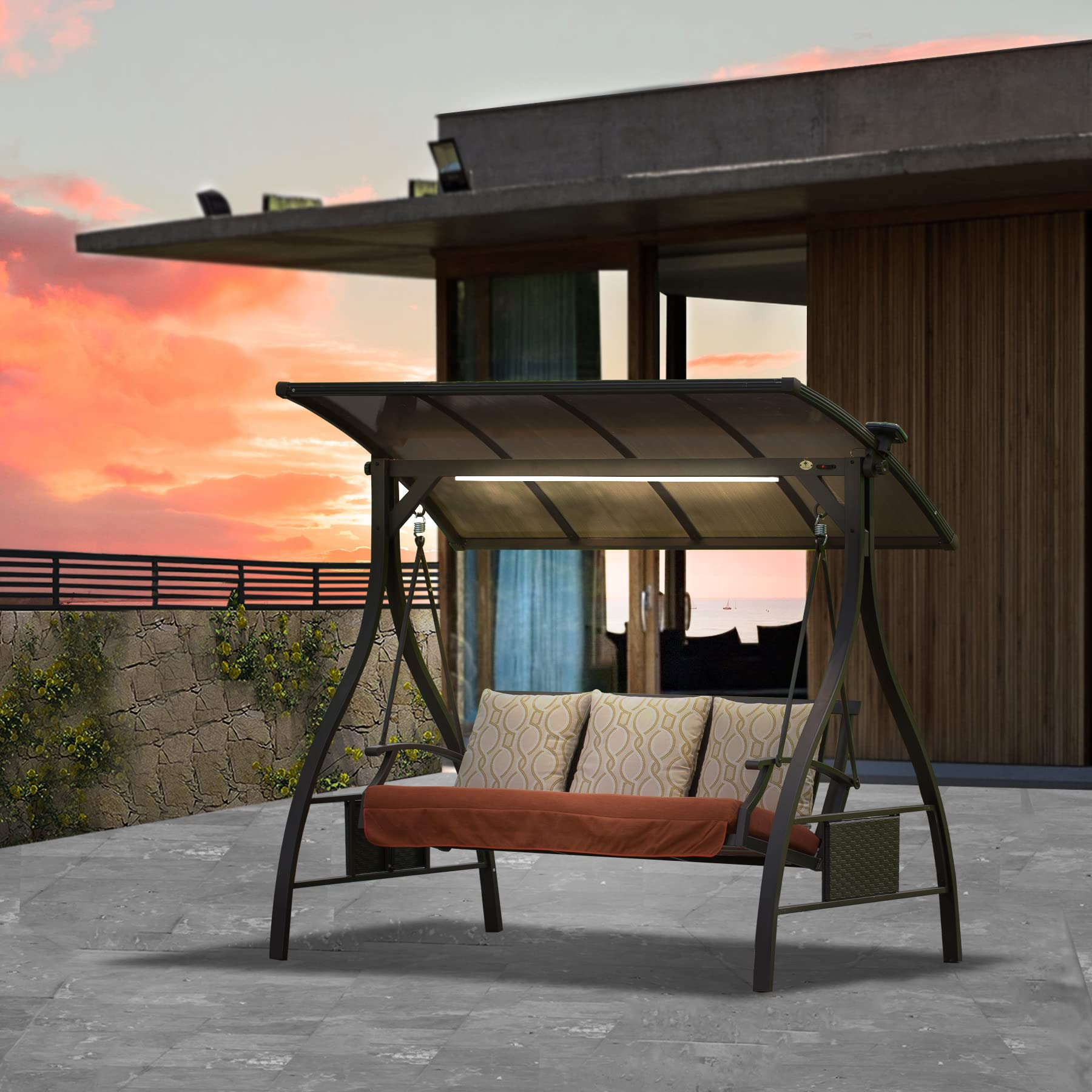 【Home&Garden】Patio Porch Swing 3 Person Adjustable Canopy Deluxe Hammock Swing Glider