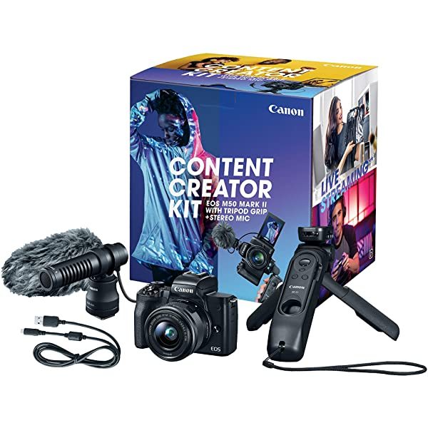 Canon EOS M50 Mark II Content Creator Kit, Mirrorless 4K Vlogging Camera Kit Includes EF-M 15-45mm Lens, Tripod Grip, Stereo Microphone《NO8》