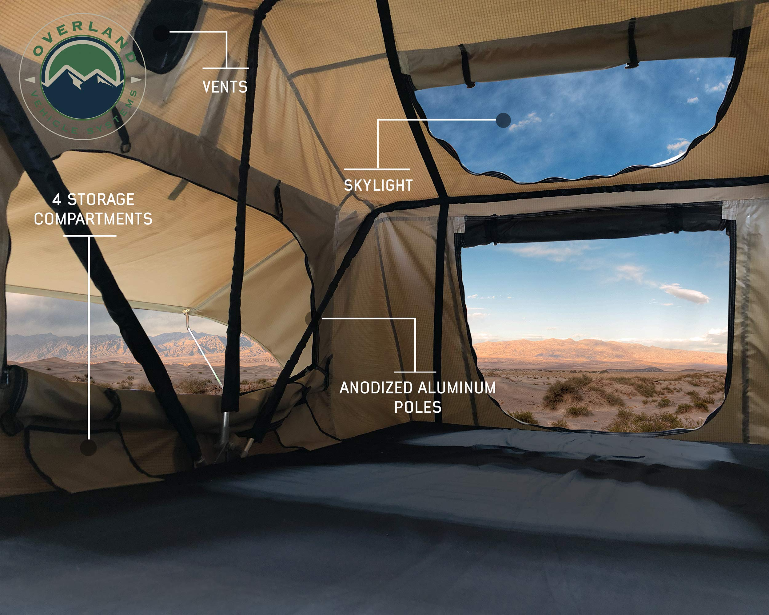 Overland Vehicle Systems TMBK 3 Person Roof Top Tent with Rain Fly Tan Body & Green Rainfly