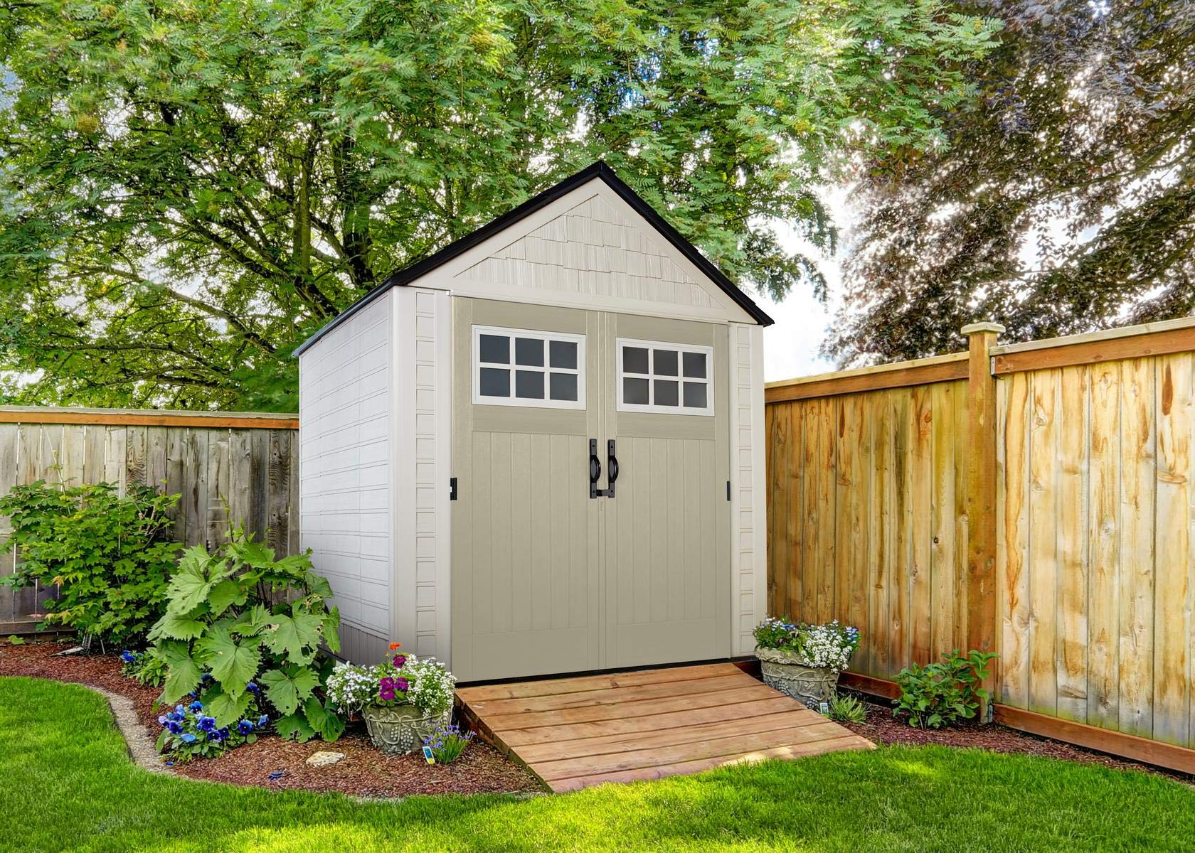 Keter Oakland Resin Outdoor Storage Shed with Floor (7 x 7 ft), Weather Resistant, Beige/Brown, for Home/Backyard/Garden Tools/Lawn Mower/Bike Storage/Pool Supplies