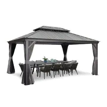 【Gazebo】12' X 16' Permanent Outdoor Hardtop Gazebo,Nettings and Curtains Included
