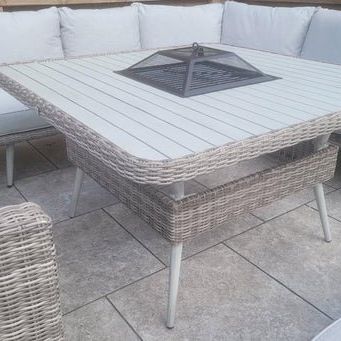 Weave Garden Furniture Danielle Grey Rattan U Shaped Corner Sofa Dining Set with FireDrinks Pit.