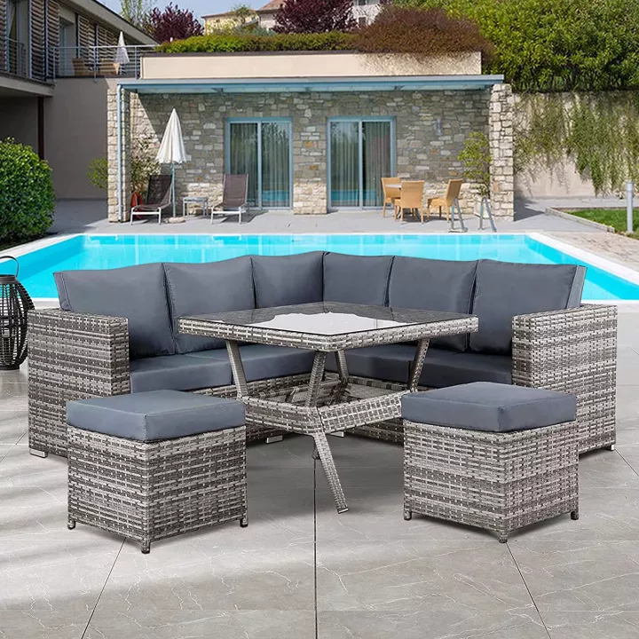 【Furniture】Semi-Assembled Rattan Garden Furniture Set 5 Piece Corner Sofa Cutlery Set