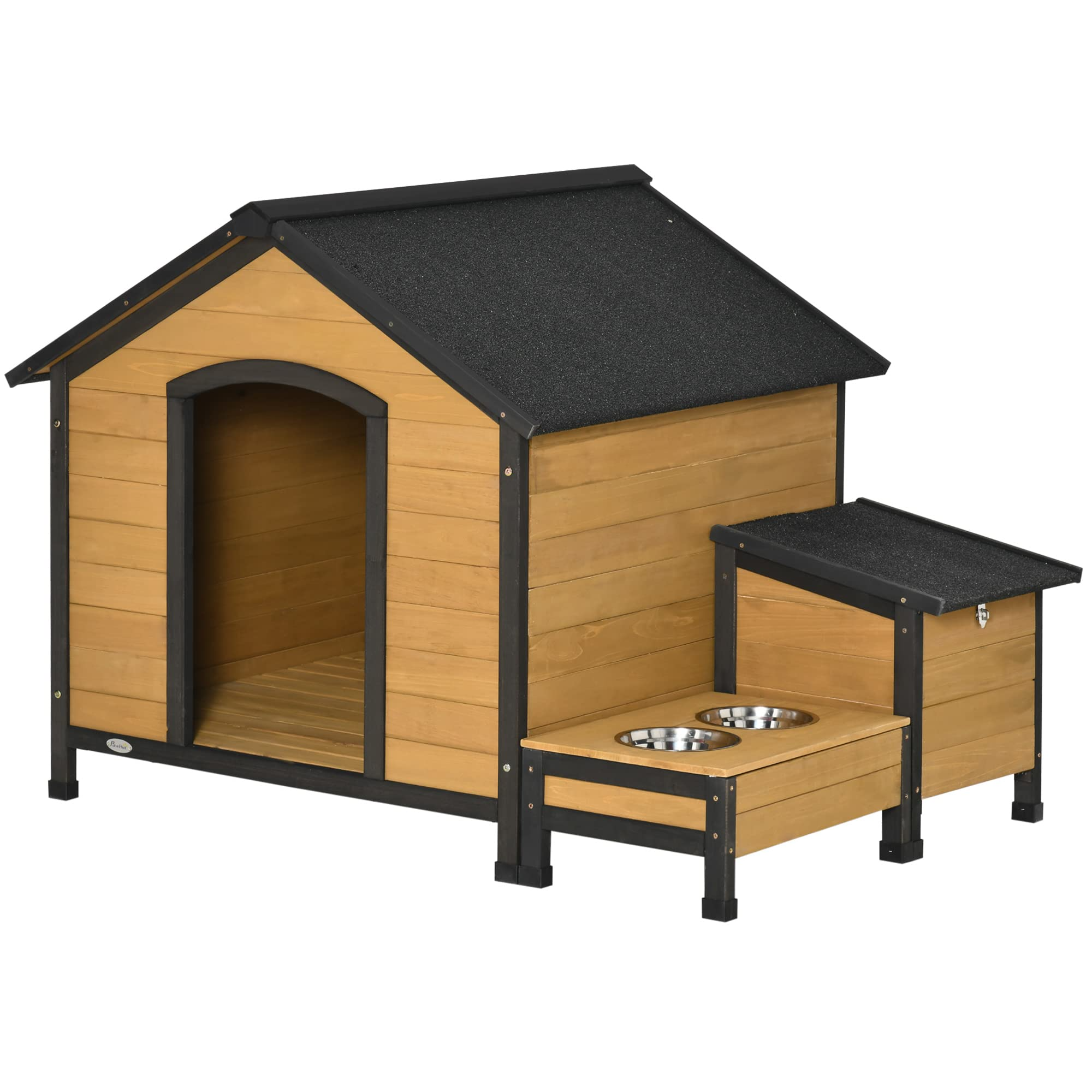 【Home&Garden】Wooden Outdoor Dog House, Cabin-Style Pet House with Feeding Bowls, Asphalt Roof