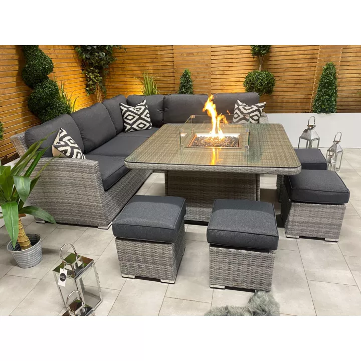 【Furniture】【BS】8 PCS Patio Furniture Set, Fire Table Set Sectional Outdoor Furniture Firepit Stone Grey