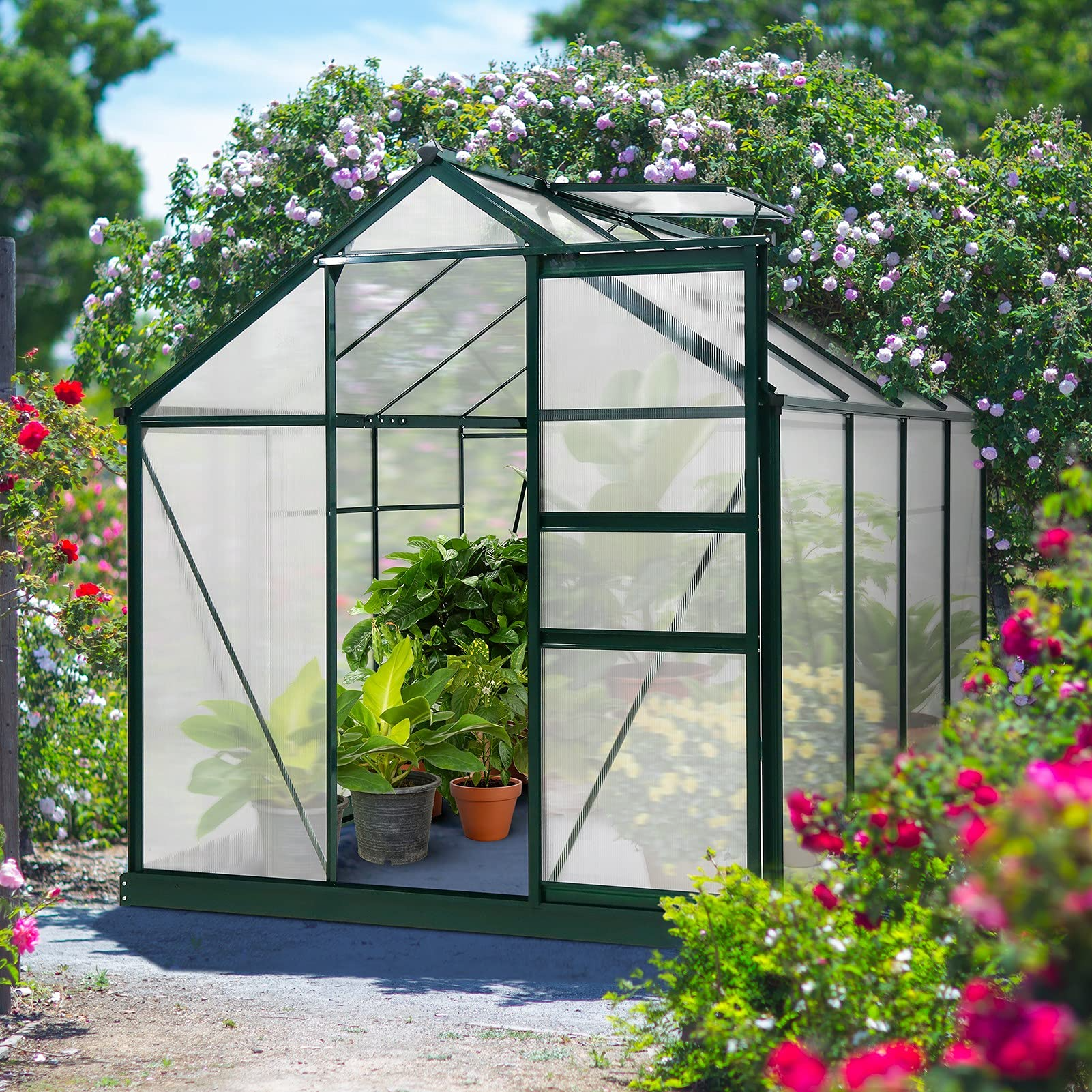 【Home&Garden】【BS】6' x 8' x 7' Outdoor Walk-in Hobby Greenhouse with Sliding Door & Ventilation Window