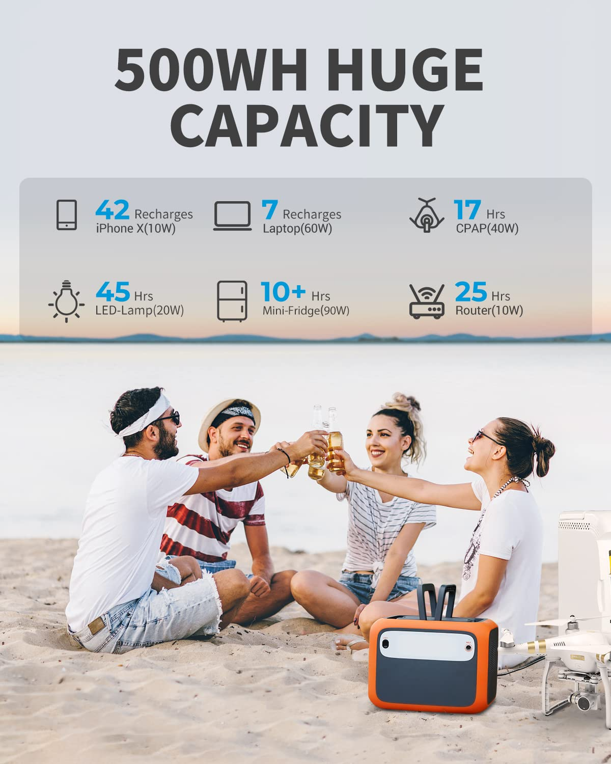 【Appliances】Portable Power Station 500Wh Solar Generator 300W/230V AC Output, Wireless Charging