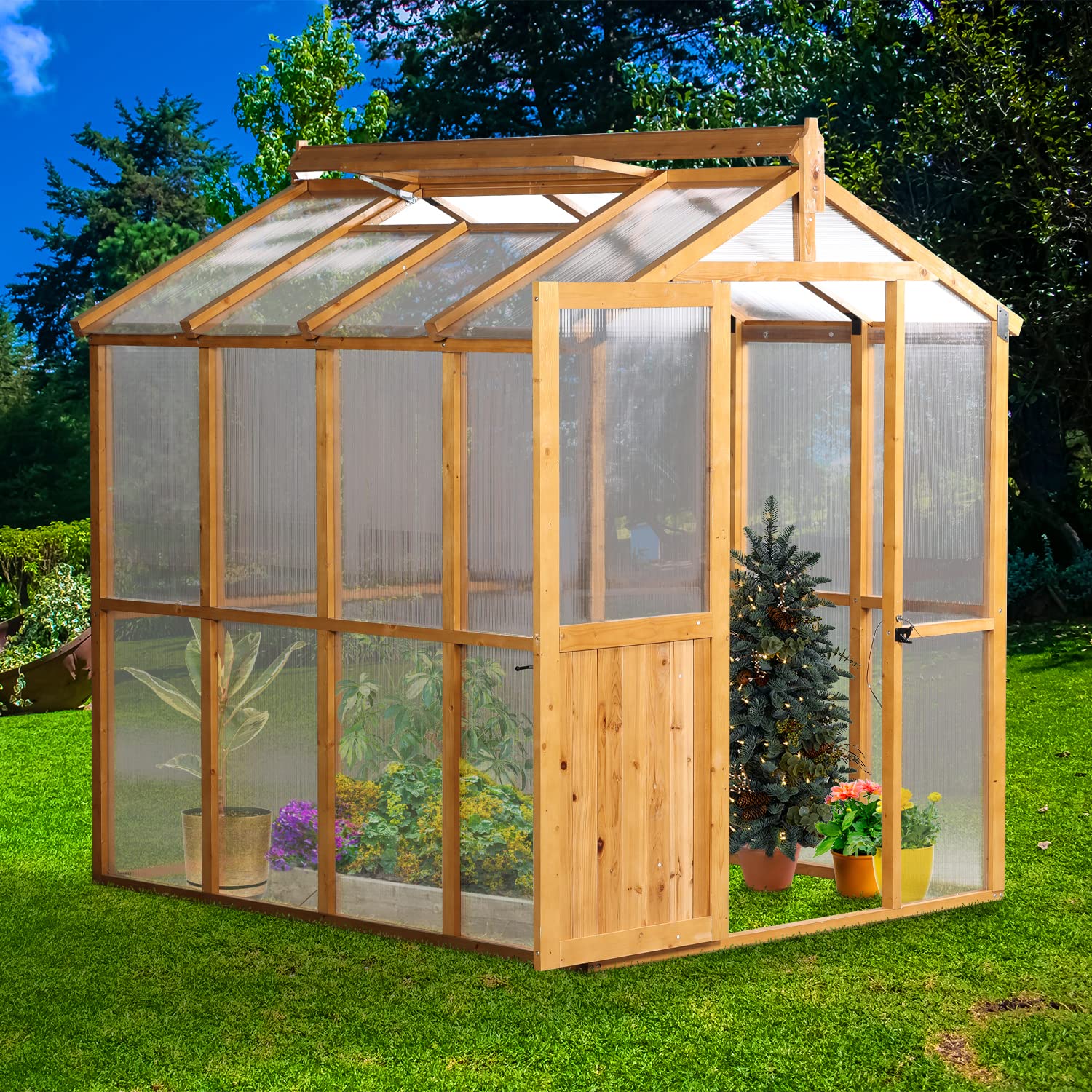 【Home&Garden】Outdoor Walk-in Greenhouse, Plant Gardening Polycarbonate Green House with Roof Vent