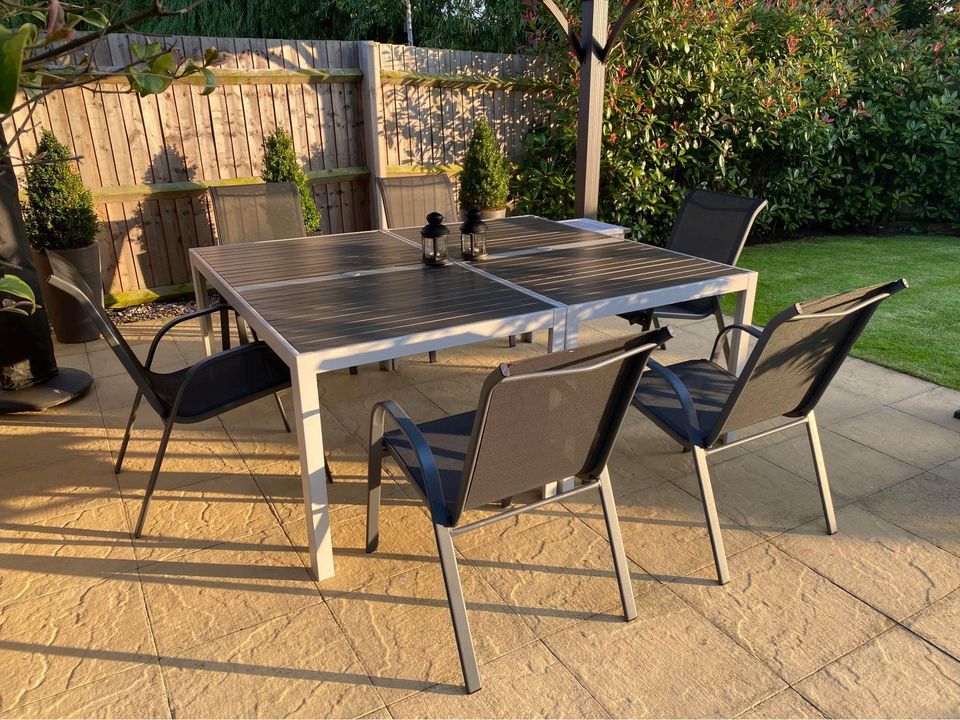 【Home&Garden】Grey Aluminium Textoline Stackable Garden Chairs - Comes with tables and Chairs