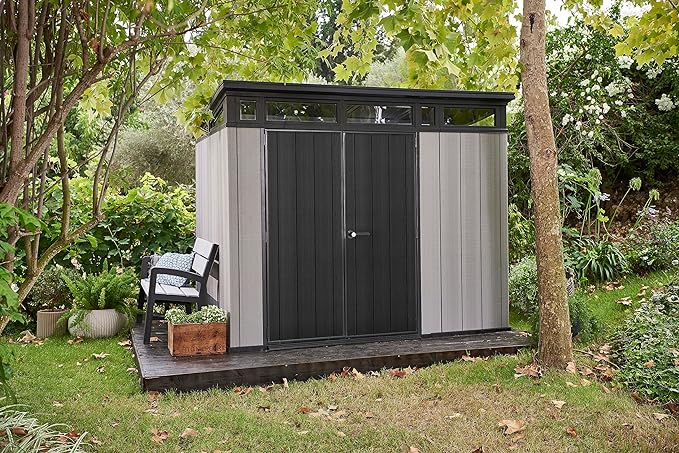 Keter Artisan Outdoor Pent Double Door Garden Storage Shed 9 x 7ft Grey Duotech+ Wood look and feel, Fade Free, All Weather Resistant, Safe and Secure, Zero Maintenance