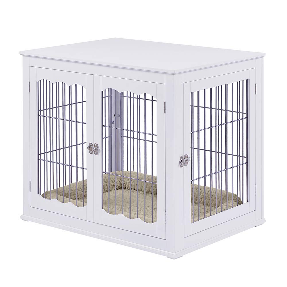 【Home&Garden】Furniture Style Dog Crate End Table with Cushion, Wooden Wire Pet Kennels with Double Doors