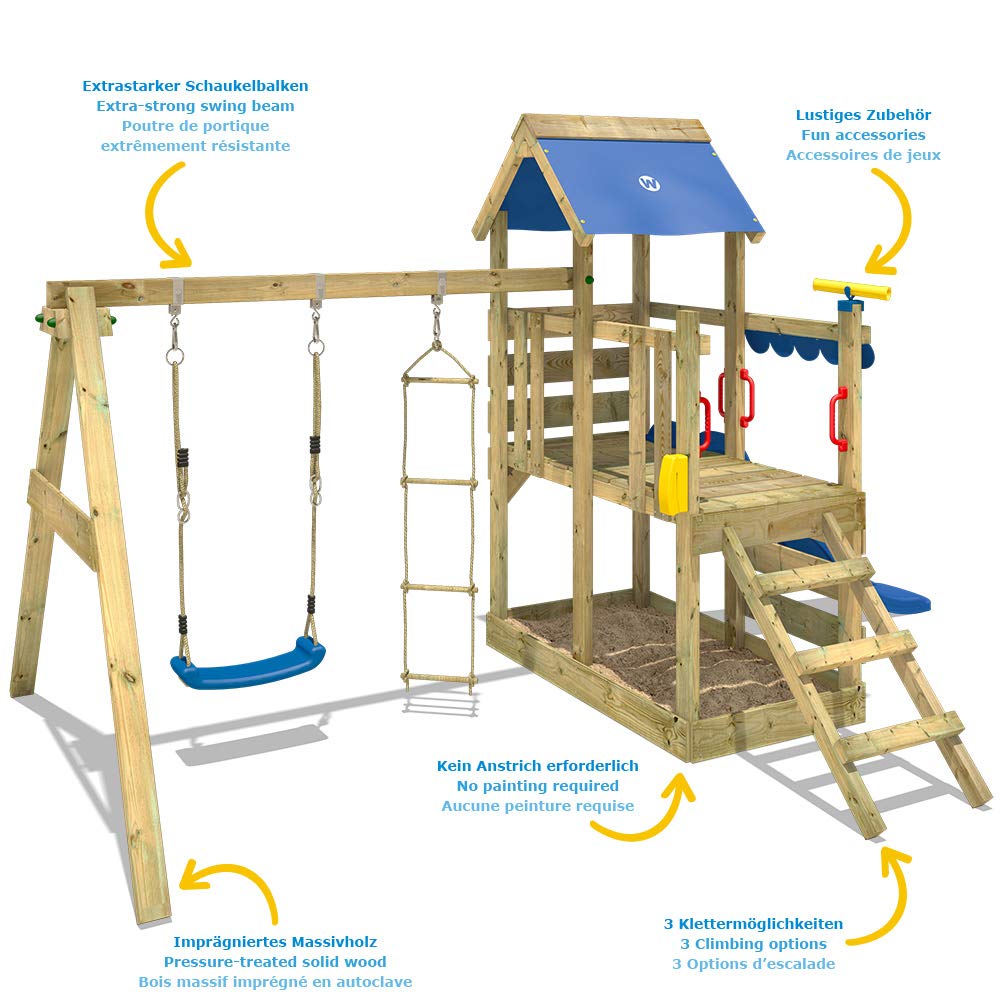 【Baby&Kids】Wooden climbing frame TurboFlyer with swing set and blue slide, Garden playhouse