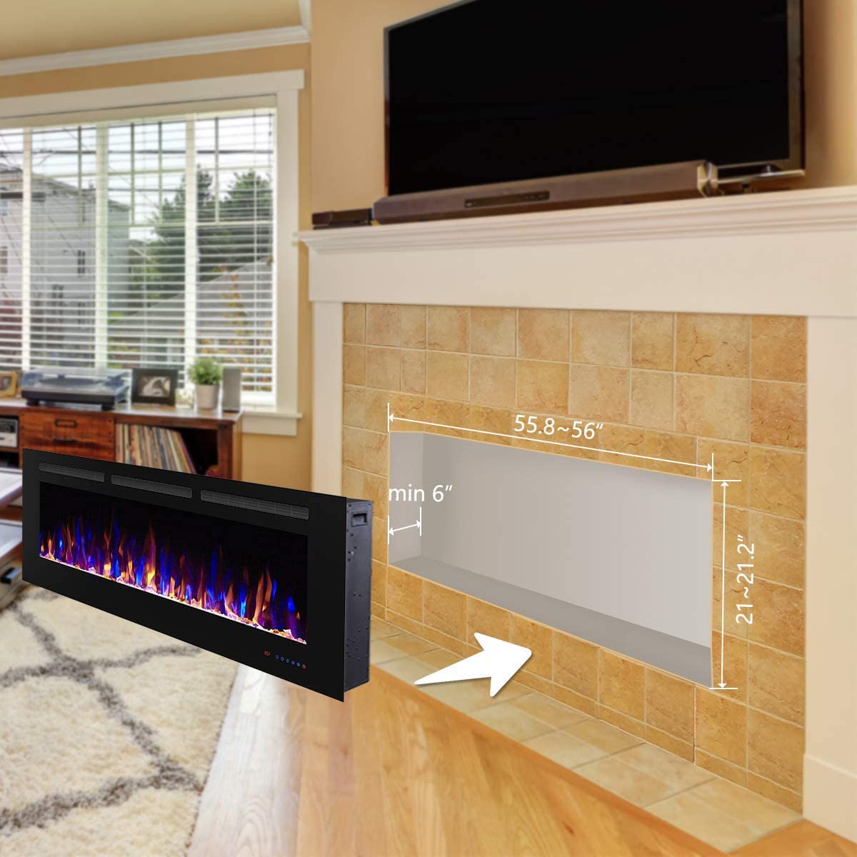 Valuxhome Electric Fireplace, Foyer 60 Inches Wide, Recessed Fireplaces, Logset and Crystal, 500W/750W, Black