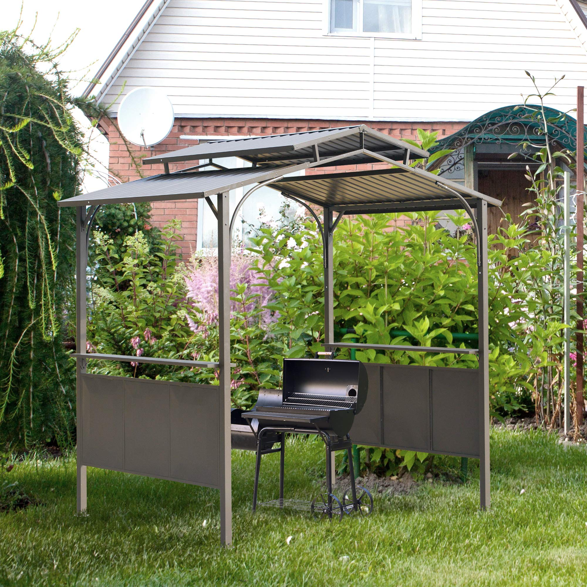 【Home&Garden】8'x5' BBQ Grill Gazebo with 2 Side Shelves, Outdoor Double Tiered Interlaced Polycarbonate Roof