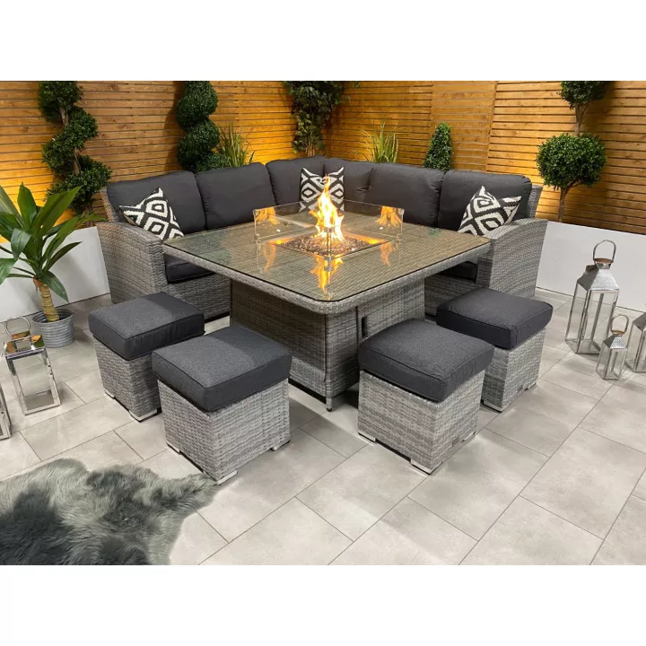【Furniture】【BS】8 PCS Patio Furniture Set, Fire Table Set Sectional Outdoor Furniture Firepit Stone Grey