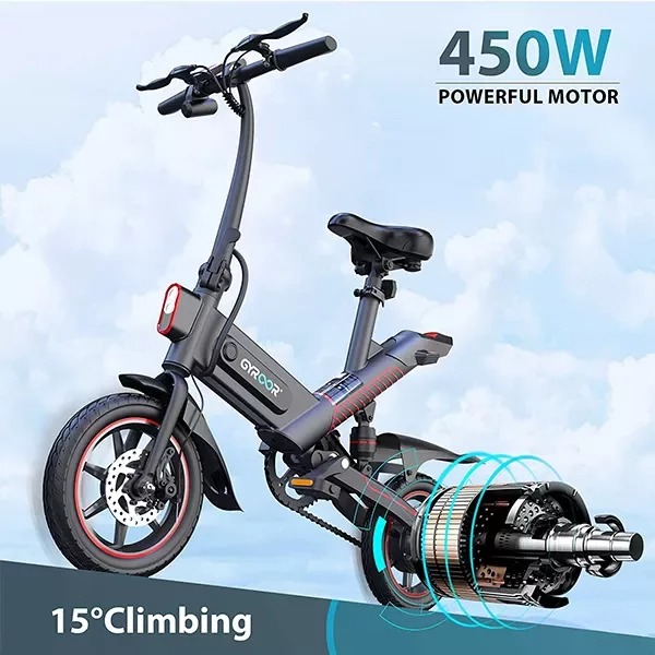 【Sports&Outdoors】C3 Adult Electric Bike, 450W Electric Bike, 18.6 MPH, Up to 28 MPH, 14 Pneumatic Tires, Dual Disc Brakes, 3 Riding Modes