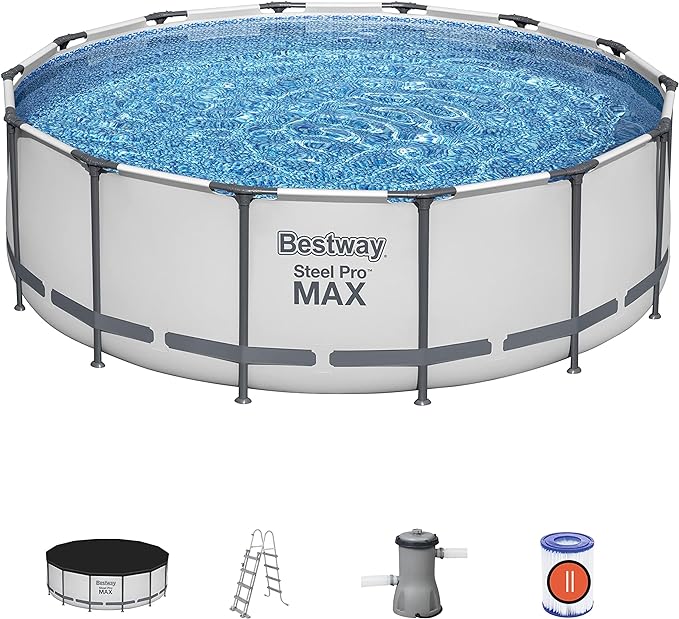 Bestway Steel Pro Max Framed Garden Pool, Above Ground Swimming Pool, Round, Grey, 14 ft