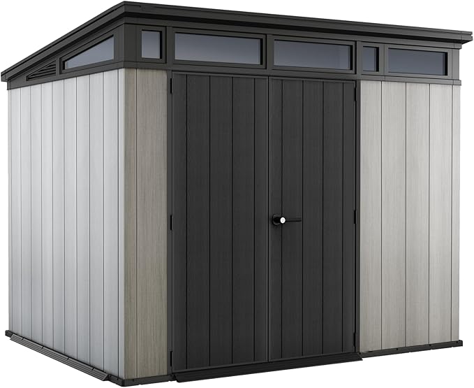 Keter Artisan Outdoor Pent Double Door Garden Storage Shed 9 x 7ft Grey Duotech+ Wood look and feel, Fade Free, All Weather Resistant, Safe and Secure, Zero Maintenance