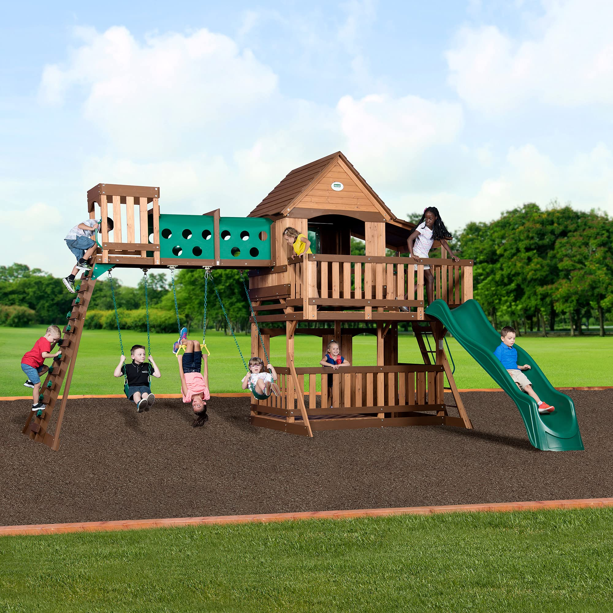 【Baby&Kids】Woodridge Elite All Cedar Wood Swing Set, Upper and Lower Deck, Sandbox, Vented Tunnel