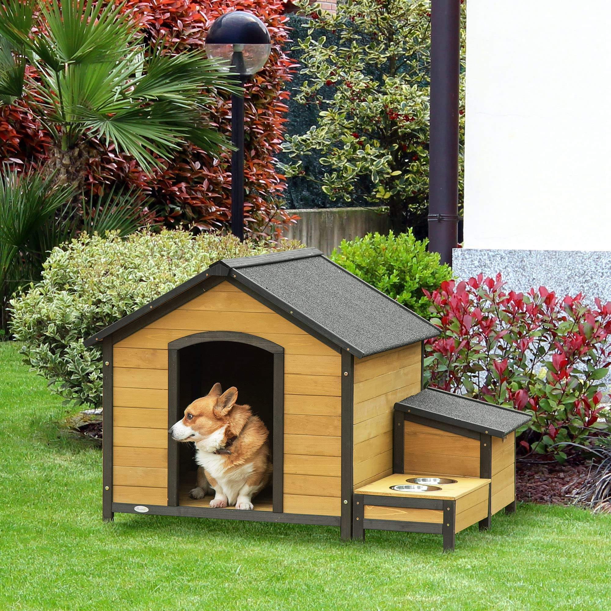 【Home&Garden】Wooden Outdoor Dog House, Cabin-Style Pet House with Feeding Bowls, Asphalt Roof