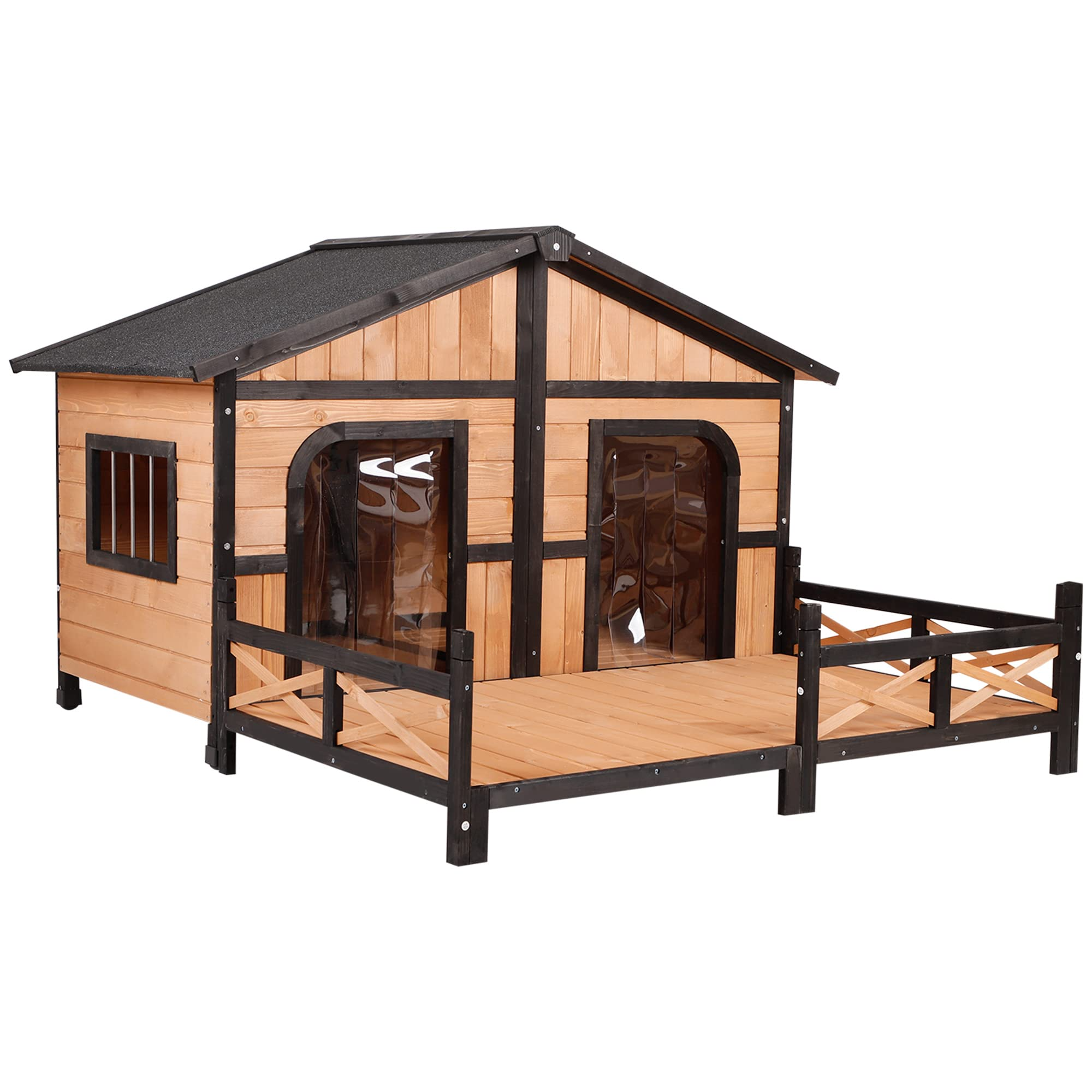【Home&Garden】59x64x39 Wood Large Dog House Cabin Style Elevated Pet Shelter wPorch Deck Natural