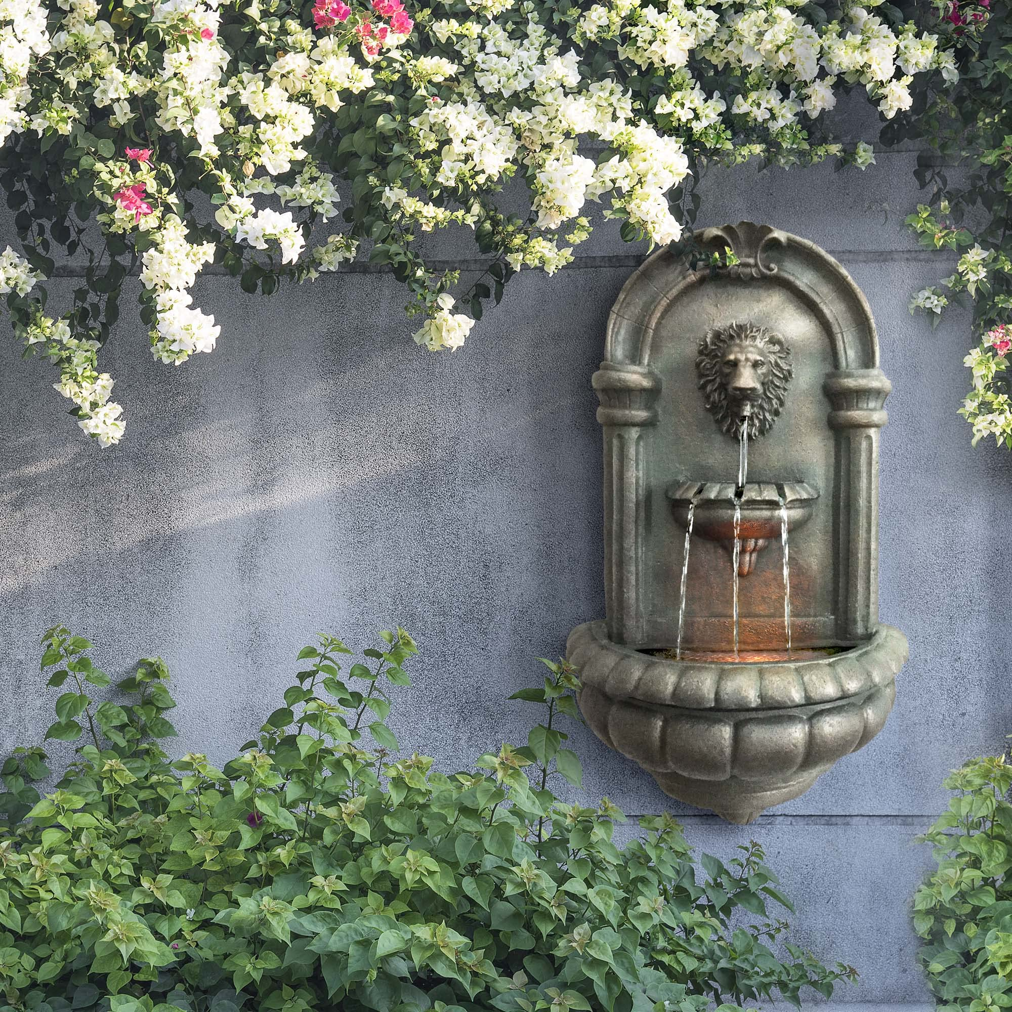 【Décor】Royal Lion Head Light Weight Wall Waterfall Fountain with LED Lights & Pump for Outdoor Patio Garden Backyard