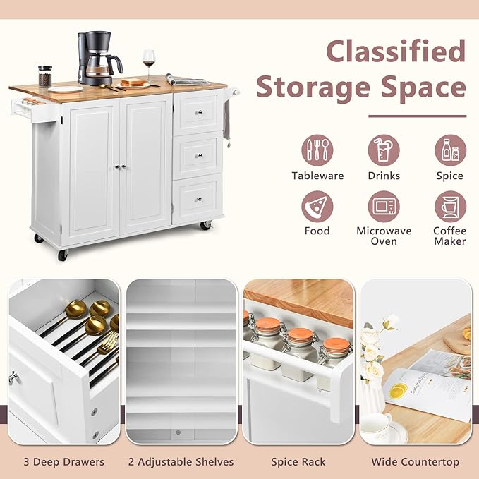 TANGZON Large Rolling Kitchen Island, Kitchen Storage Trolley with Extendable Wood Worktop, Adjustable Shelves, 3 Drawers & Side Handles, Mobile Utility Serving Cart for Home Dining Room
