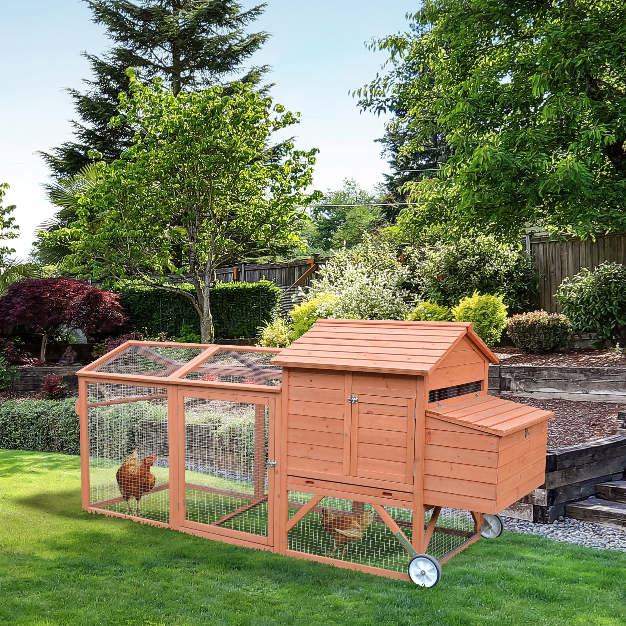 【Home&Garden】96.5 Chicken Coop Wooden Rabbit Hutch Portable Backyard Outdoor Run and Nesting Box Natural