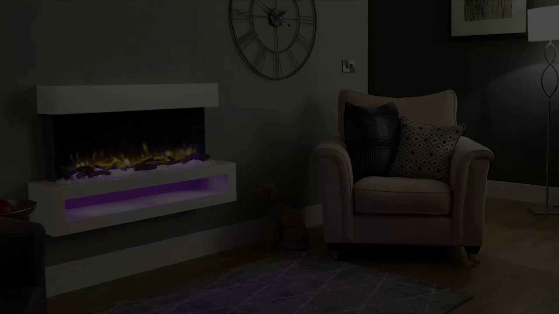 Endeavour Fires Fenwick Wall Mounted Electric Fireplace 110cm/43” 1&2kW, 7 day Programmable Remote Control Fire with an off White Surround