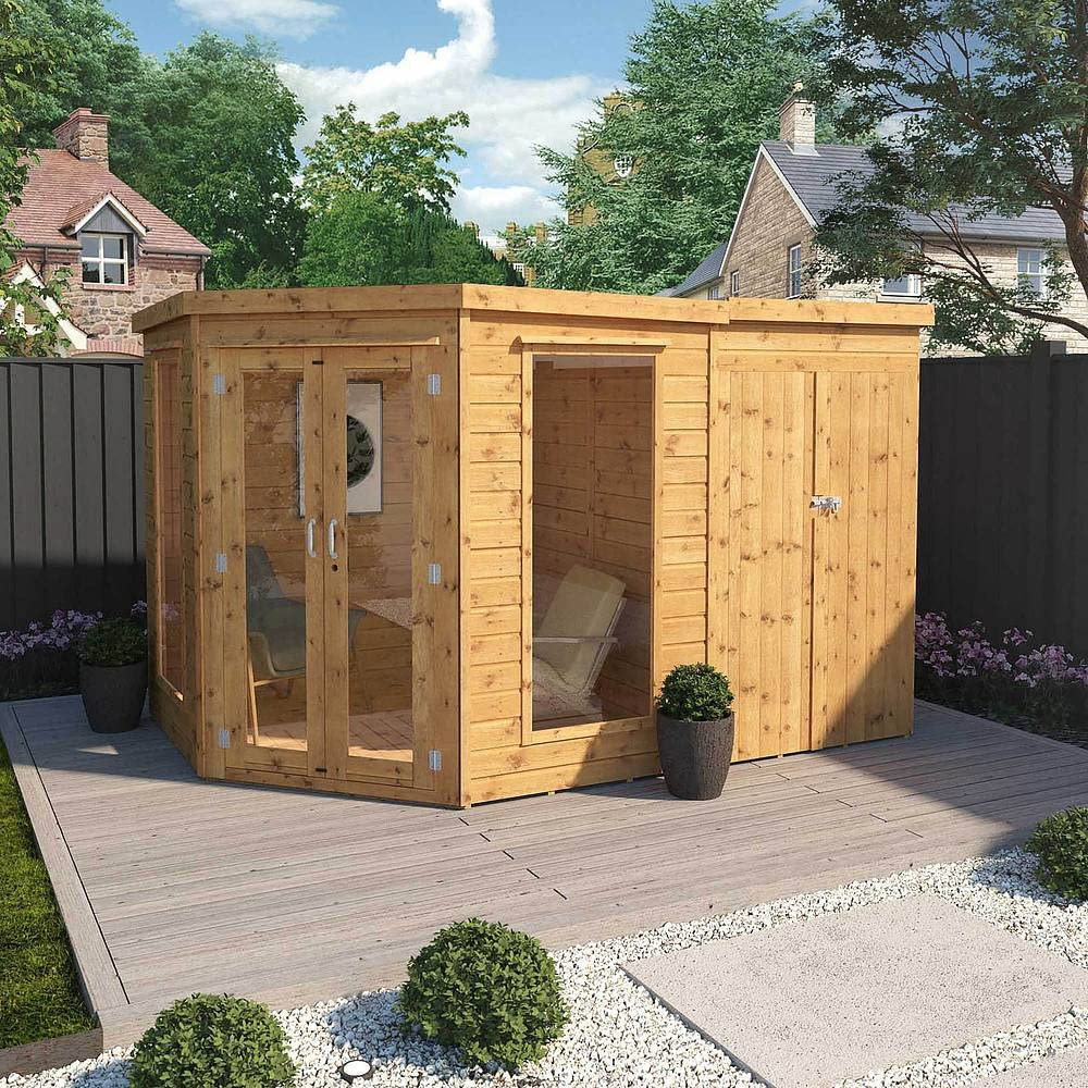 【Home&Garden】Wooden Corner Summerhouse with Side Shed 11x7 Outdoor Garden Storage Garden Room Sunroom