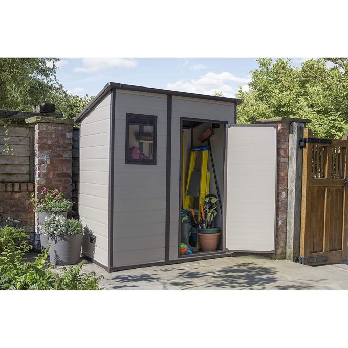 Keter Manor Outdoor Pent Single Door Garden Storage Shed 6 x 4ft Beige Brown Wood Effect Fade Free All Weather Resistant Safe And Secure Zero Maintenance