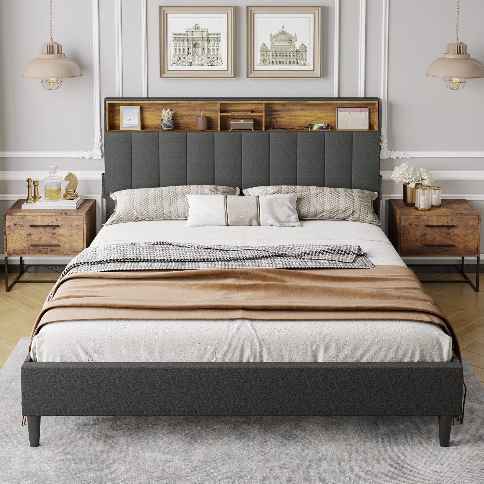 【Furniture】Queen Bed Frame with USB Ports and Outlets, Upholstered Platform Bed with Storage Headboard