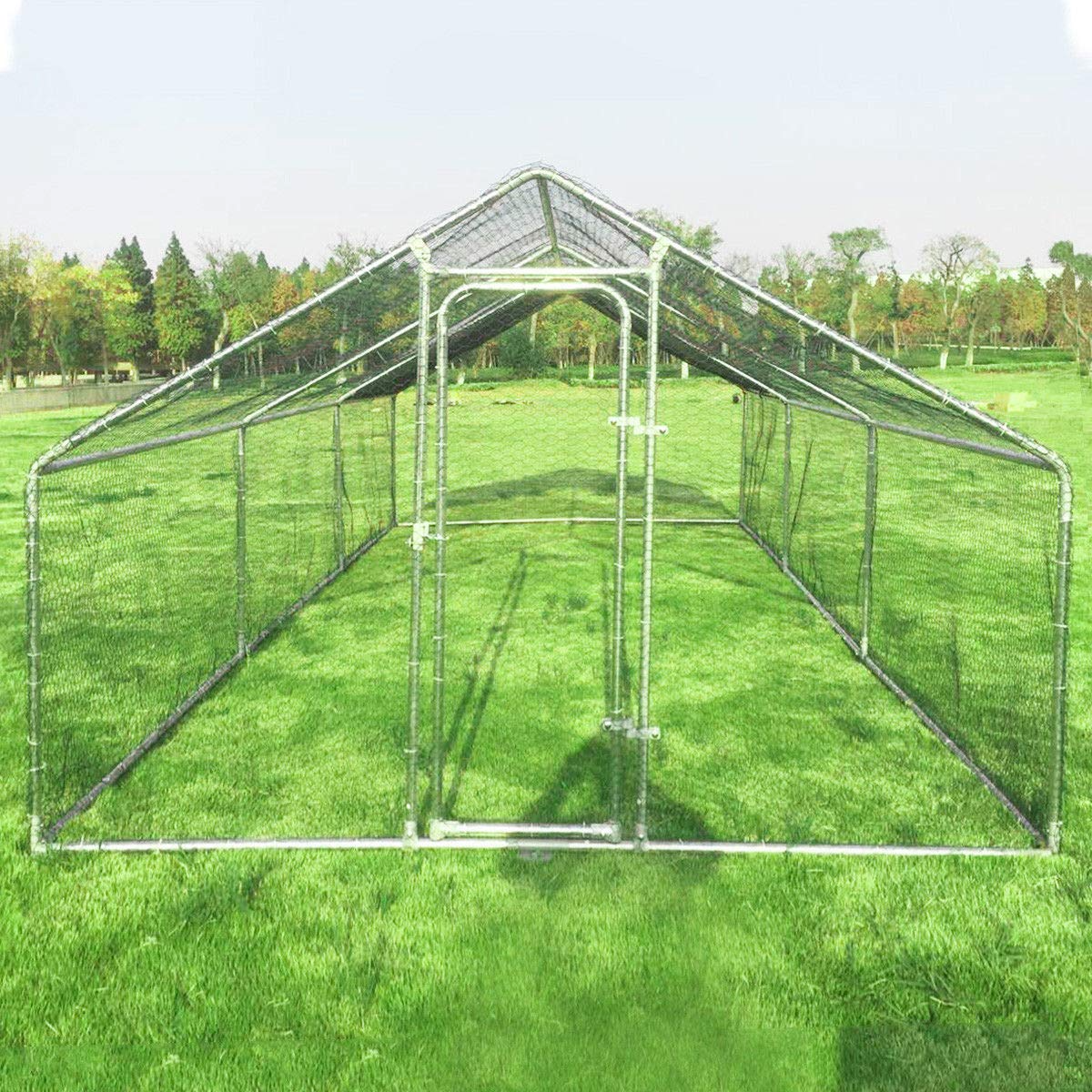 【Home&Garden】10'x20'x6.4' Large Walk-in Hen House with Cover, Galvanized Steel Poultry Run Extension