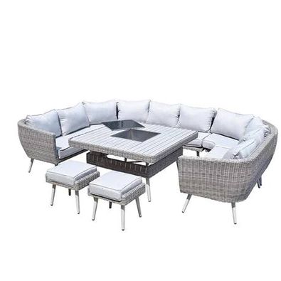 Weave Garden Furniture Danielle Grey Rattan U Shaped Corner Sofa Dining Set with FireDrinks Pit.