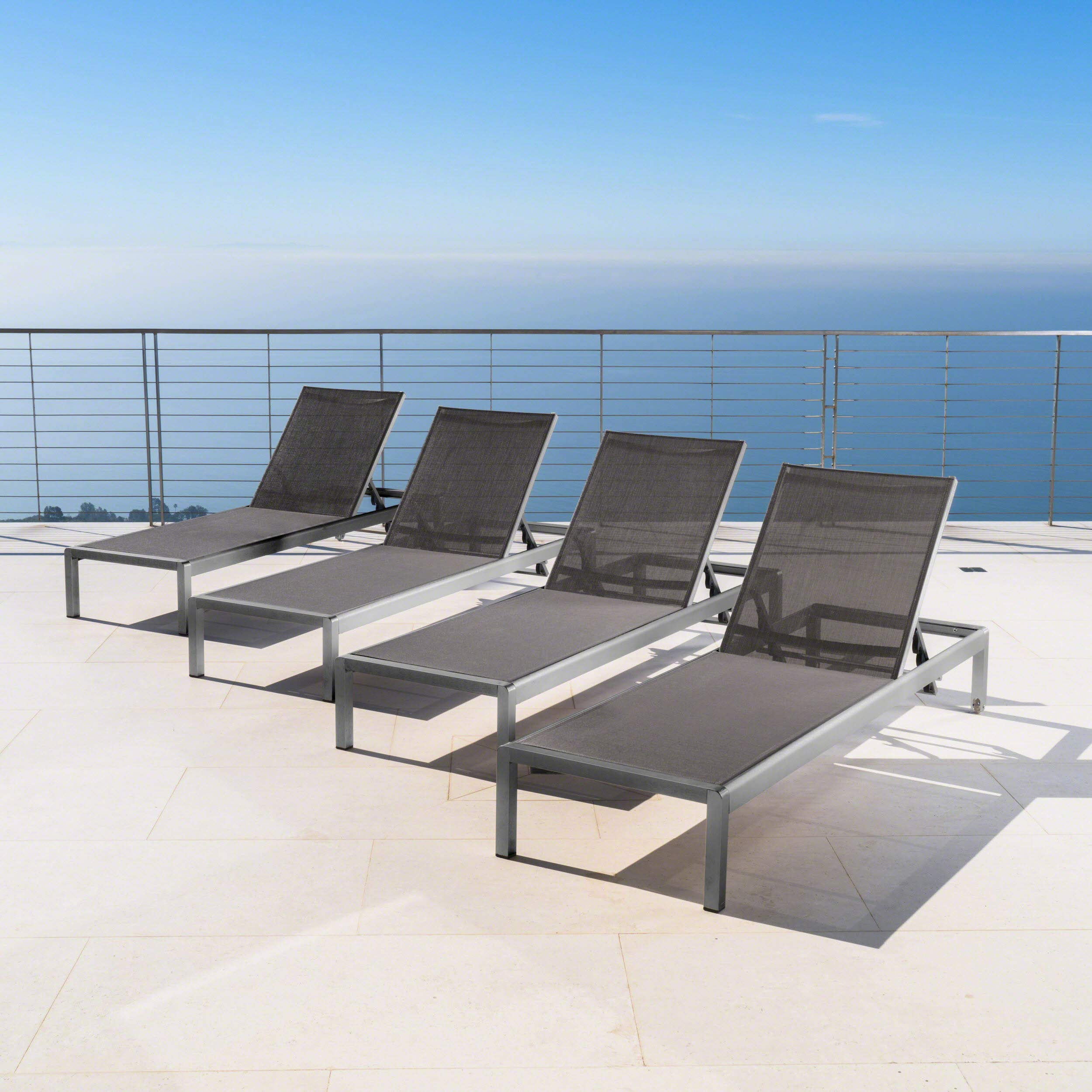 【Home&Garden】Coral Bay Outdoor Aluminum Chaise Lounges with Mesh Seat, 4-Pcs Set, Grey Dark Grey