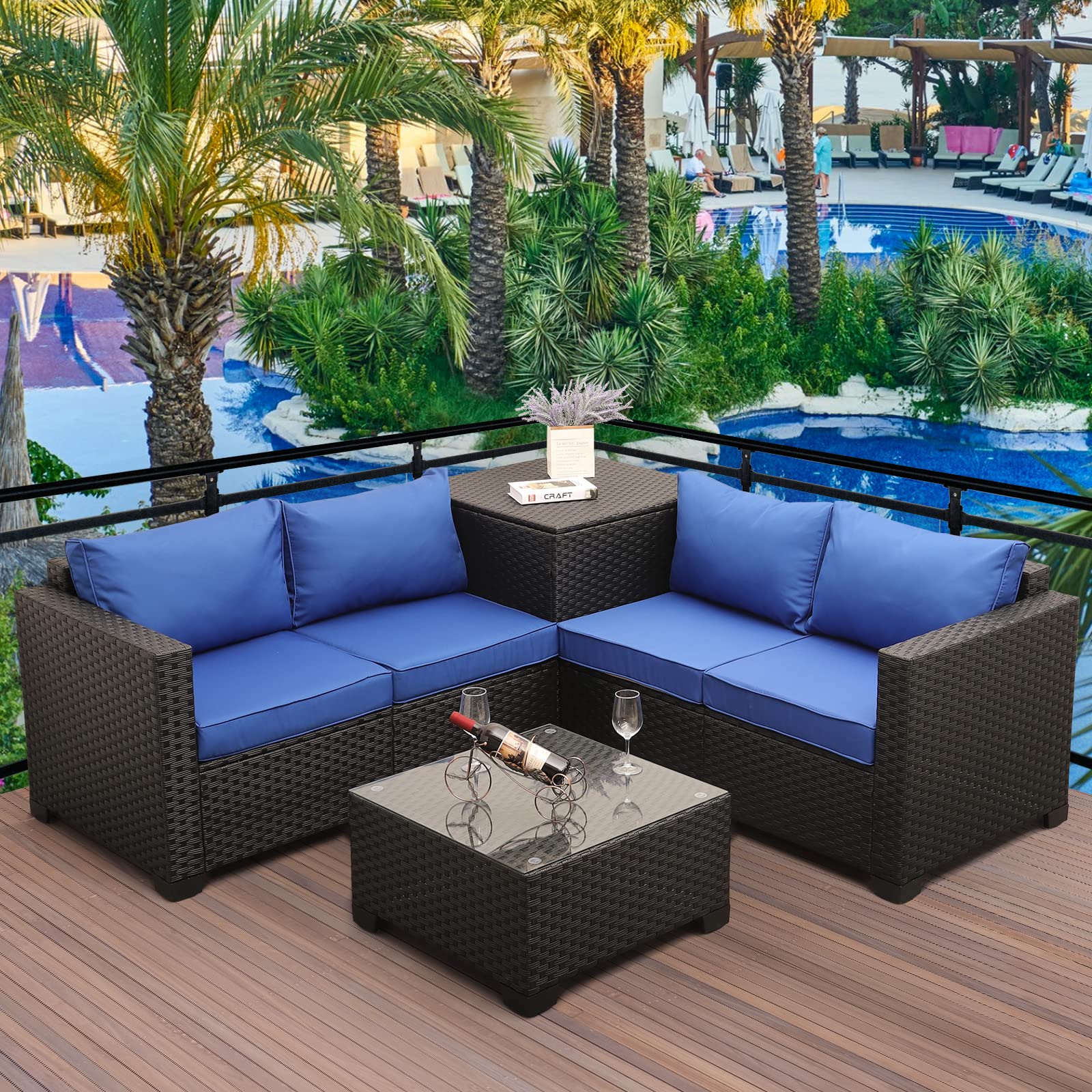 【Furniture】Outdoor PE Wicker Furniture Set 4 Piece Patio Black Rattan Sectional Loveseat Couch Set Conversation Sofa