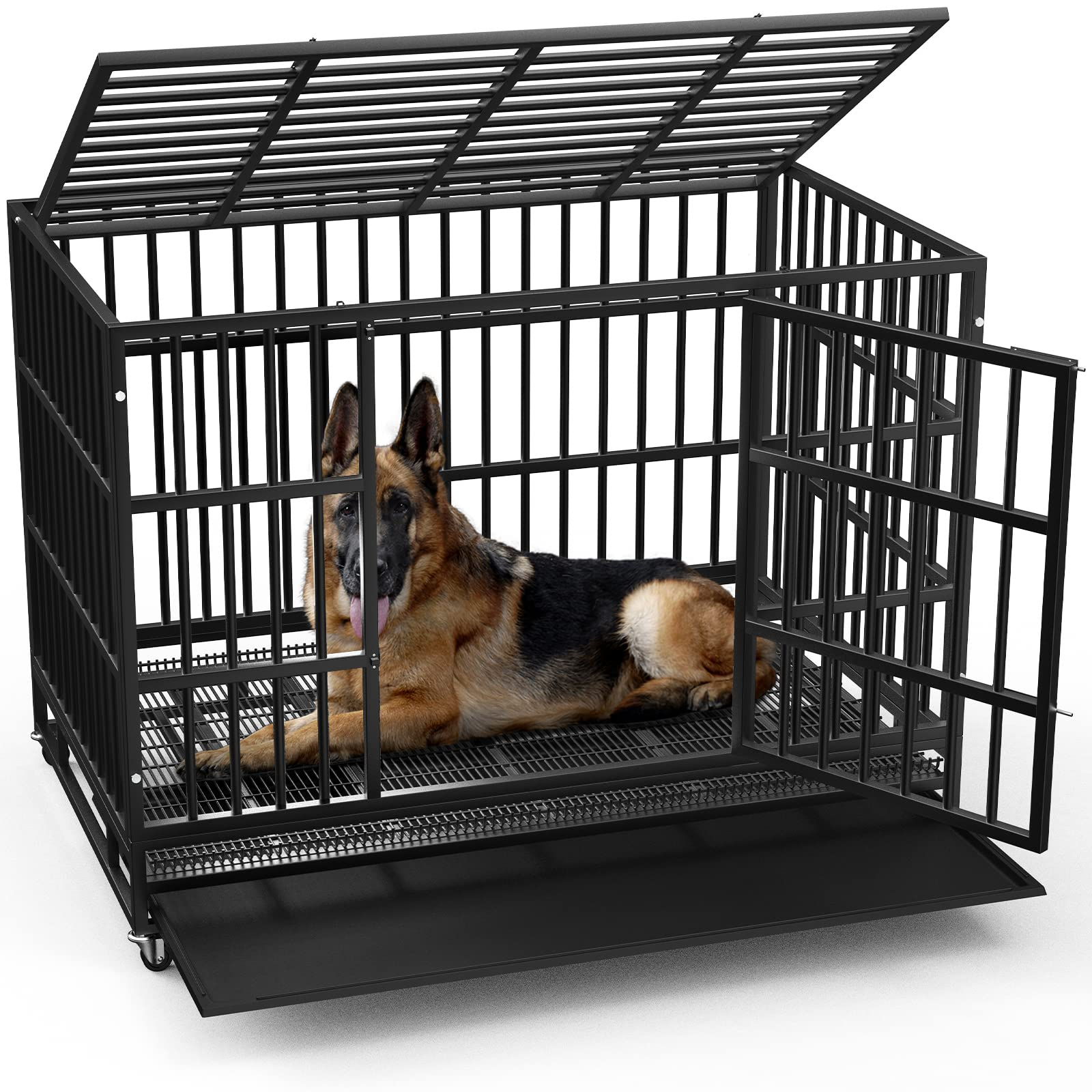 【Home&Garden】48/38 inch Heavy Duty Dog Crate, Escape Proof Dog cage with Lockable Wheels & Removable Tray