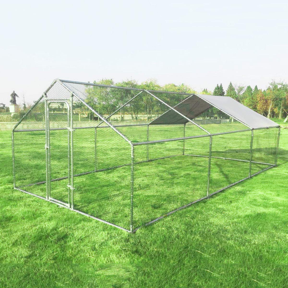 【Home&Garden】10'x20'x6.4' Large Walk-in Hen House with Cover, Galvanized Steel Poultry Run Extension