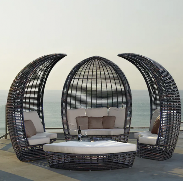 【Furniture】Outdoor Lying Bed Rattan Creative Birdcage Resort Hotel Open-air Sea View Room Multi-person Coffee Table Combination Leisure Rattan Bed