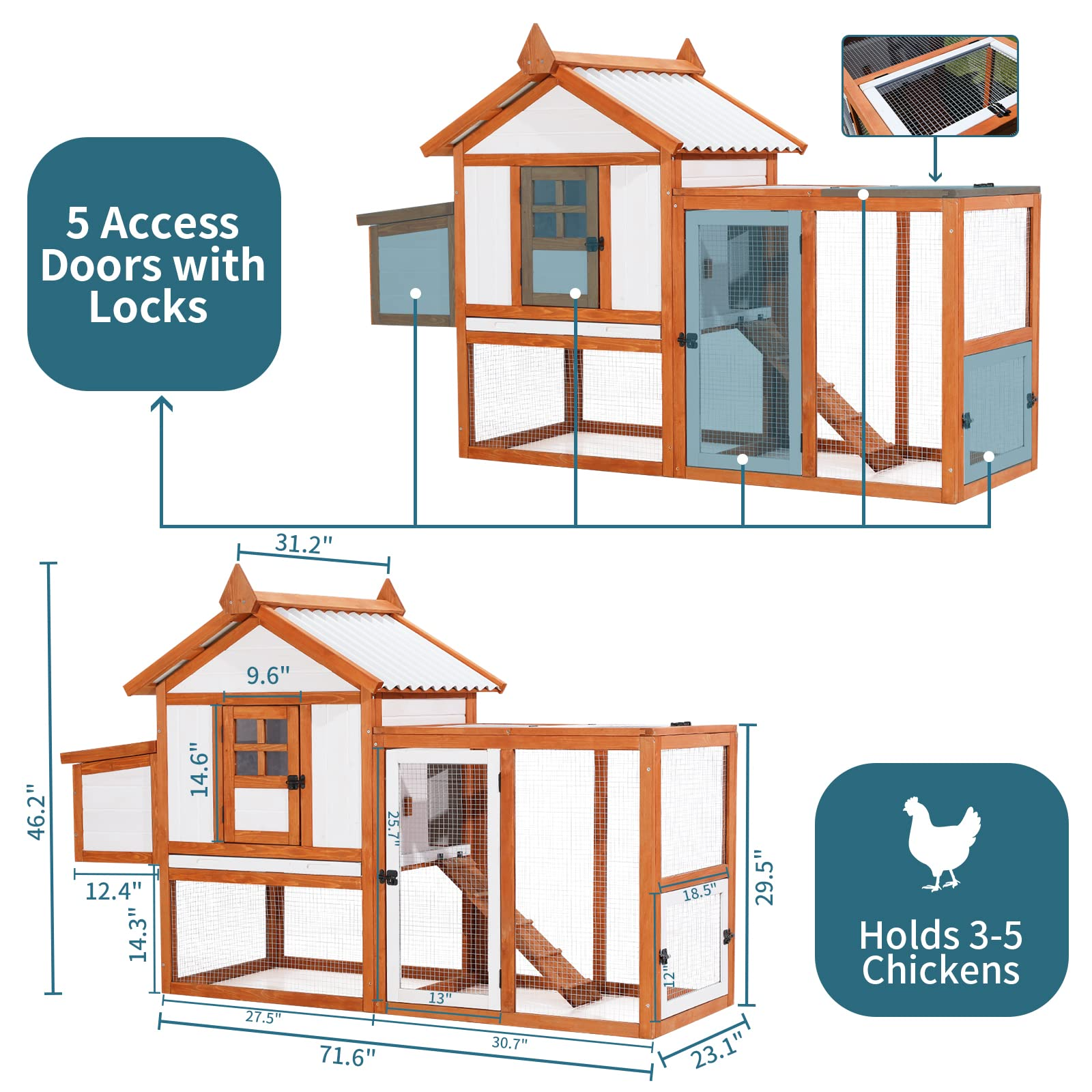 【Home&Garden】Outdoor Wooden Multi-Level Chicken Coop, Poultry Cage wRamps, Run, Nesting Box, Wire Fence