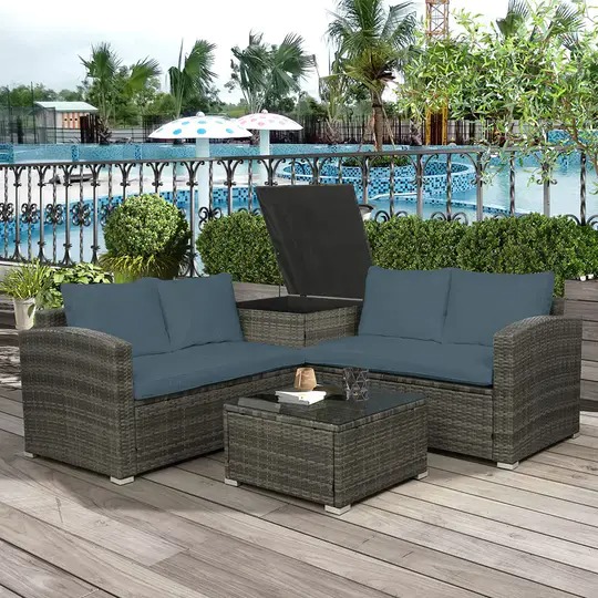 【Furniture】4 PCS Outdoor Cushioned PE Rattan Wicker Sectional Sofa Set