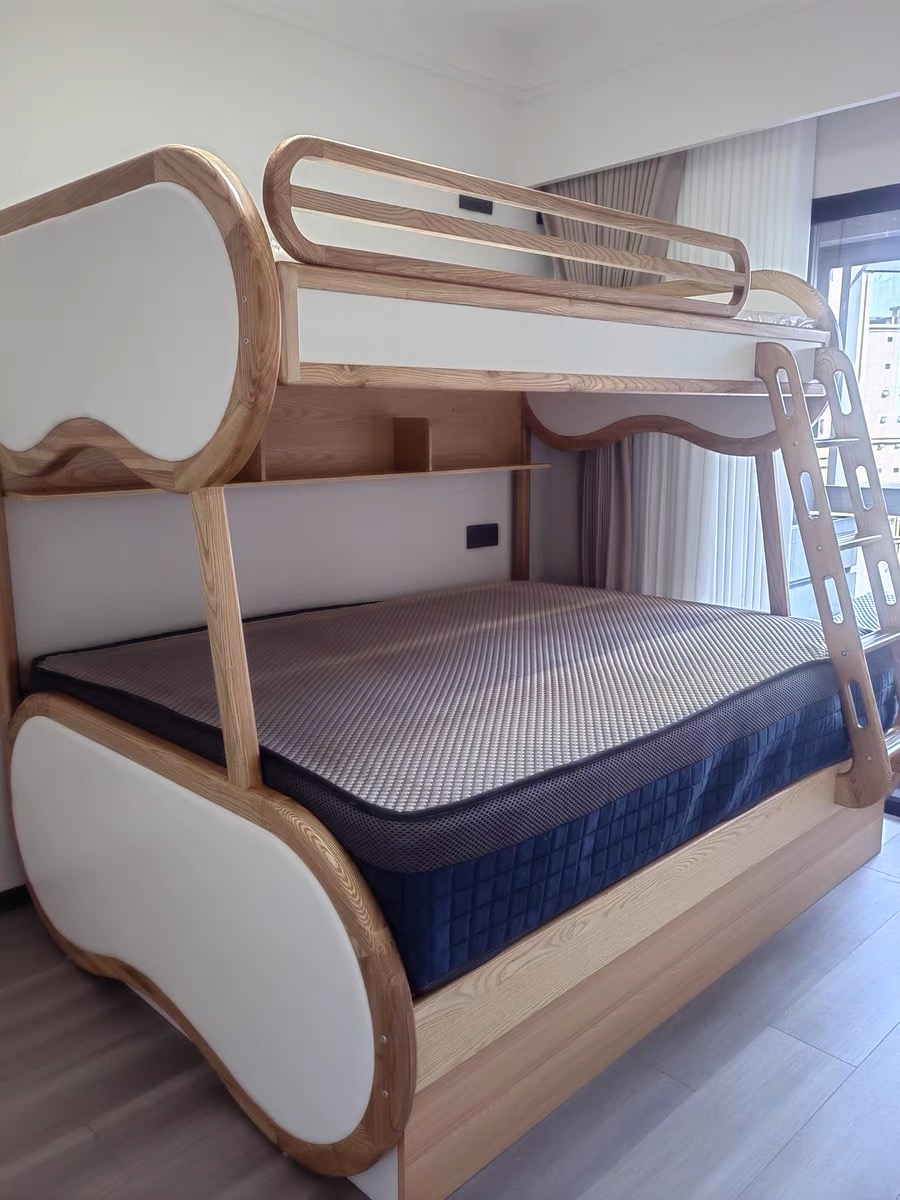YouSheng all solid wood high and low bed under the mother bed white waxed wood upholstered beds