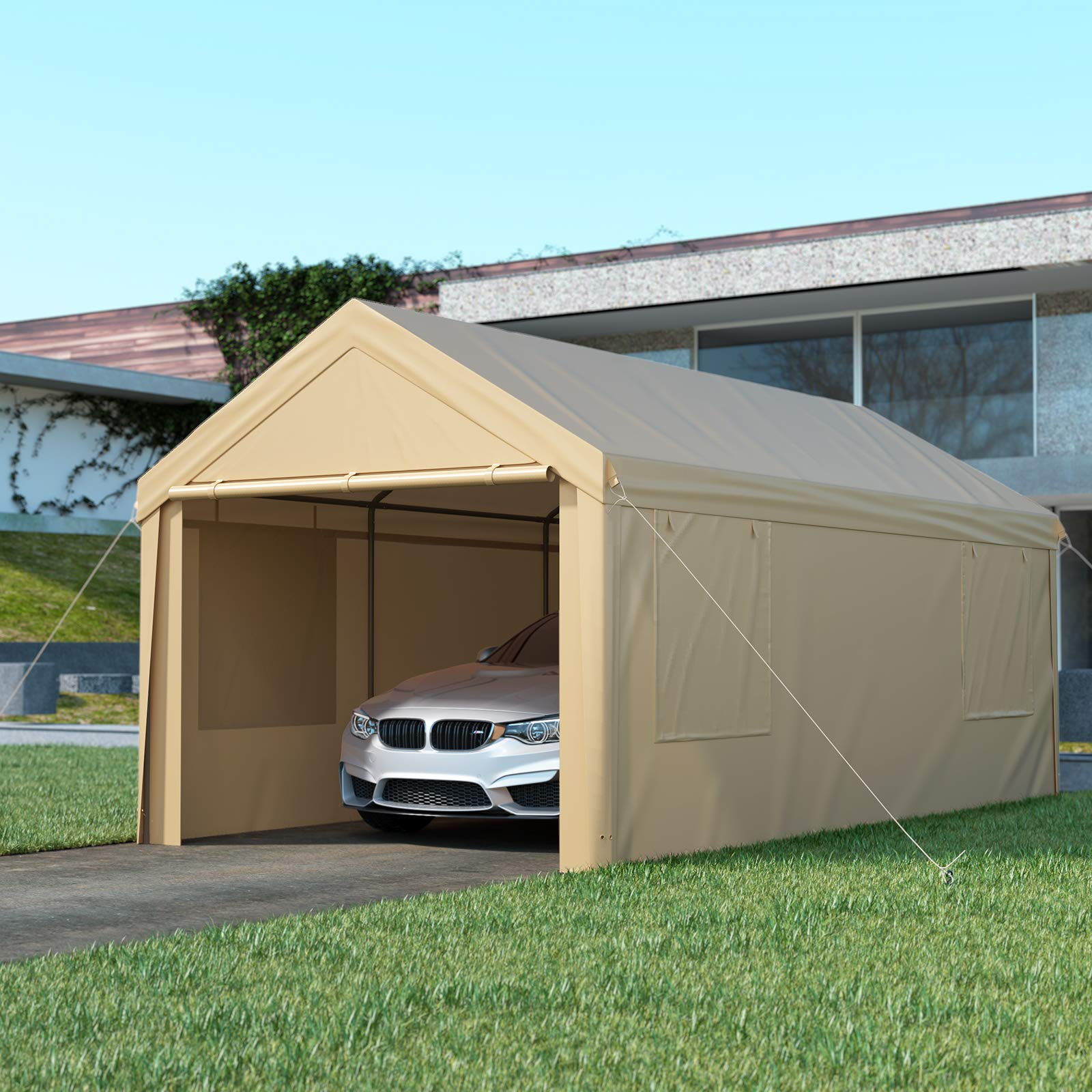 【Home&Garden】10x20ft Heavy Duty Carport, Portable Garage for Auto, Boat Market stall, Car Tent Windows, Beige