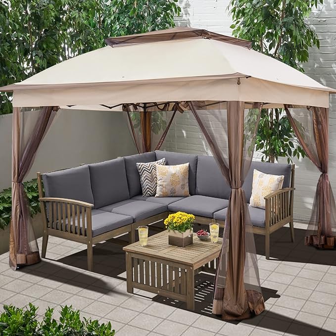 Joyside 11'x11' Pop Up Gazebo for Patios Canopy Tent with Sidewalls Outdoor Gazebo with Mosquito Netting Pop Up Canopy Shelter Wedding Tent (Beige)