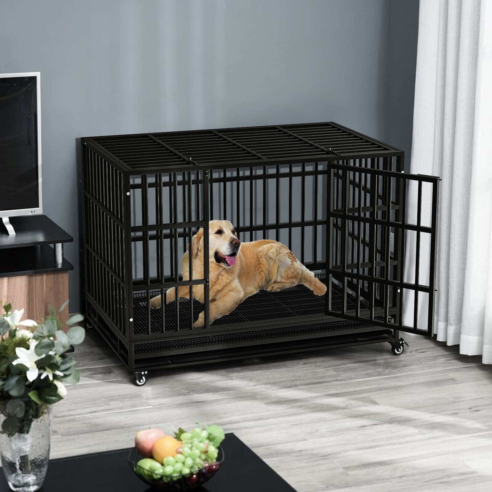 【Home&Garden】48/38 inch Heavy Duty Dog Crate, Escape Proof Dog cage with Lockable Wheels & Removable Tray