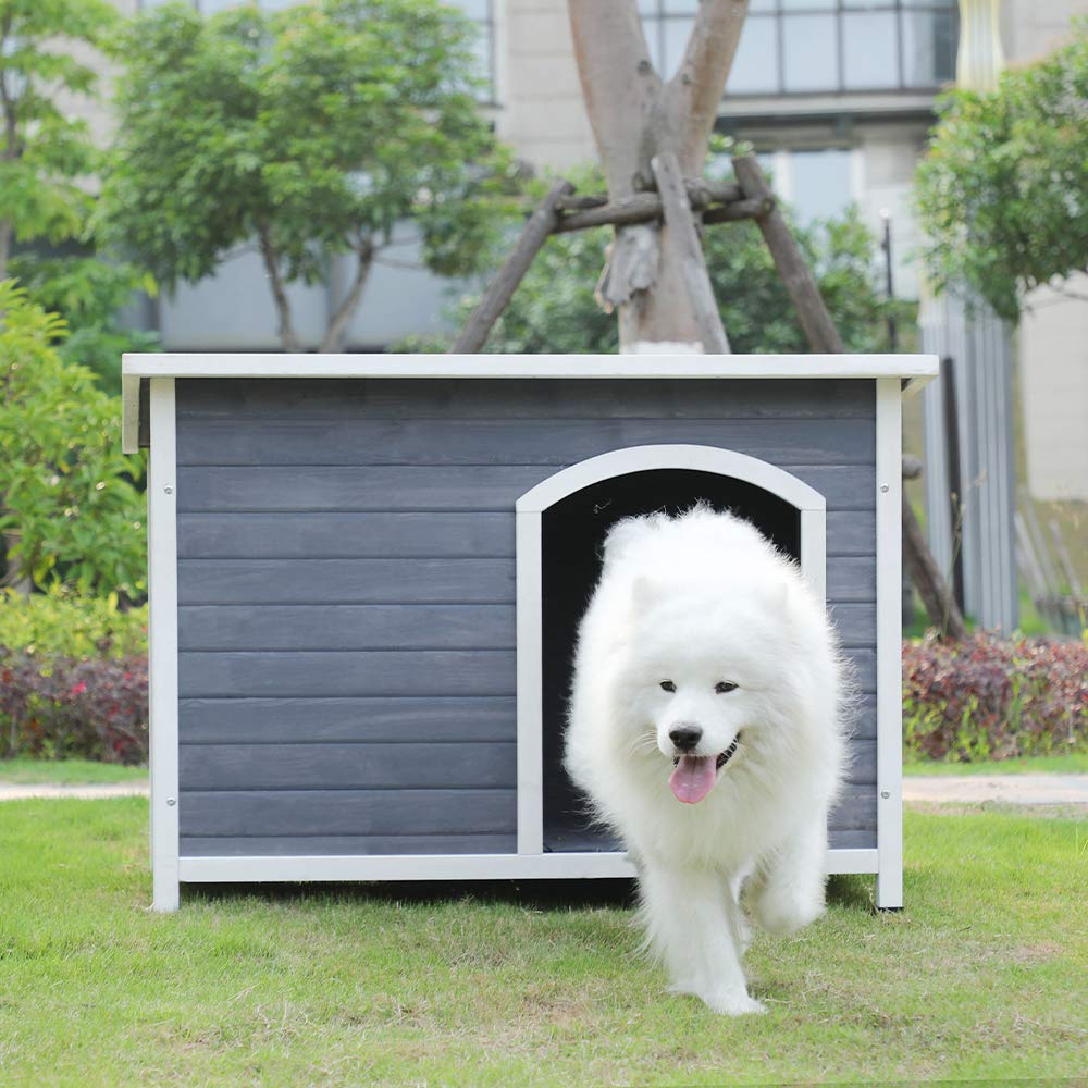 【Home&Garden】Outdoor Wooden Dog House with Hinges, Raised Feet, Openable Asphalt Roof & Removable Floor