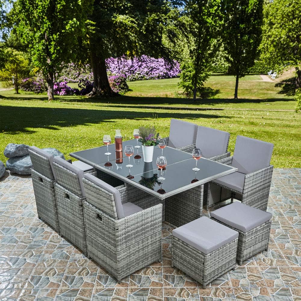 RayGar Deluxe 11 Piece 10 Seater Rattan Cube Dining Table Garden Furniture Patio Set (Grey/Black)