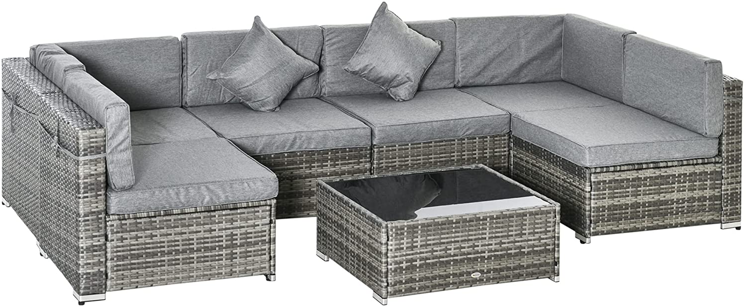 【Furniture】【BS】7 Pcs Outdoor Rattan Furniture Set, Patio Wicker Sectional Conversation Sofa Set, Grey